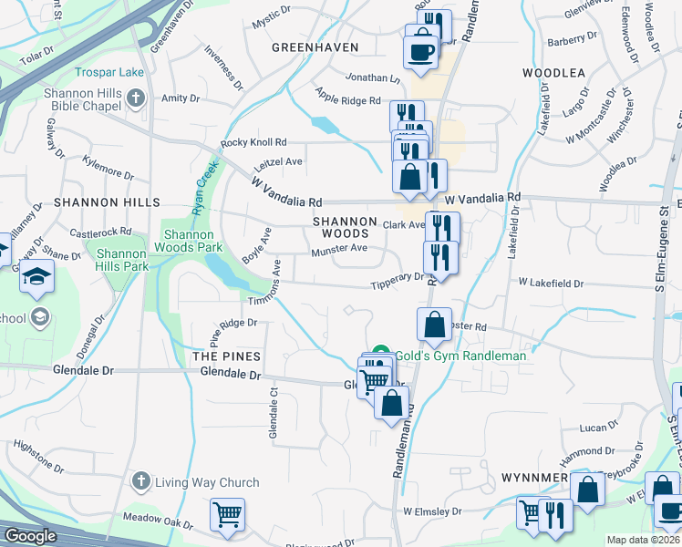 map of restaurants, bars, coffee shops, grocery stores, and more near 524 Tipperary Drive in Greensboro