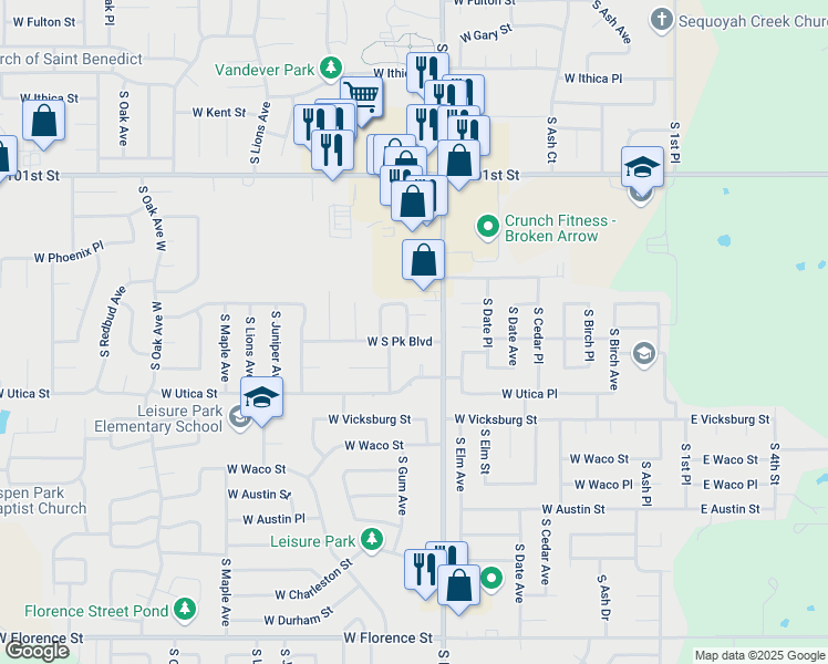 map of restaurants, bars, coffee shops, grocery stores, and more near 713 West South Park Boulevard in Broken Arrow