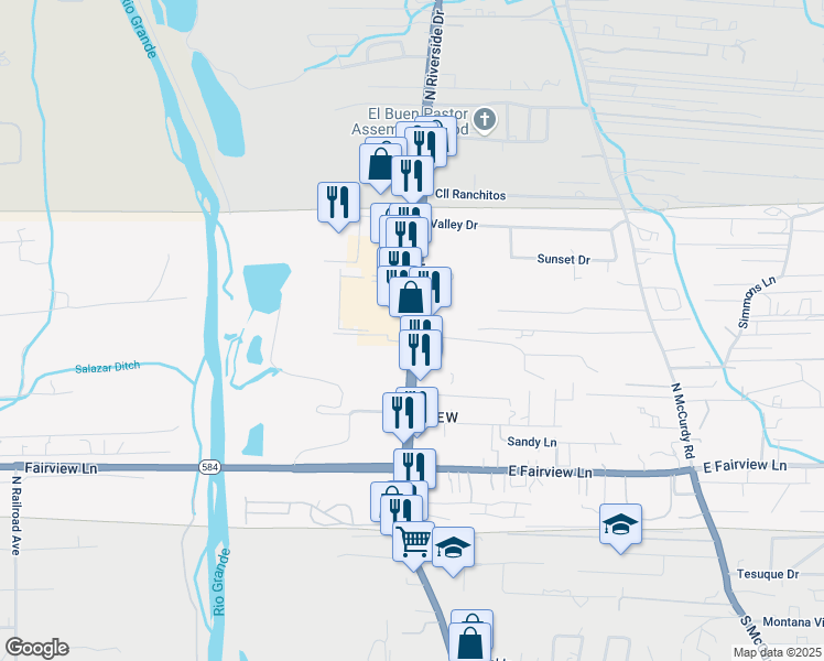 map of restaurants, bars, coffee shops, grocery stores, and more near 1404 North Riverside Drive in Española