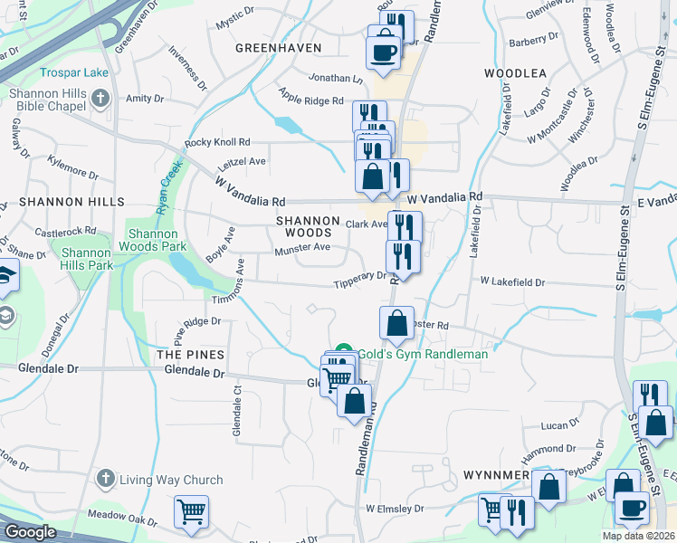 map of restaurants, bars, coffee shops, grocery stores, and more near 512 Tipperary Drive in Greensboro