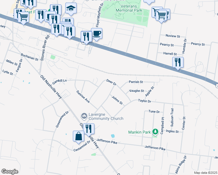 map of restaurants, bars, coffee shops, grocery stores, and more near 178 Greenfield Drive in La Vergne