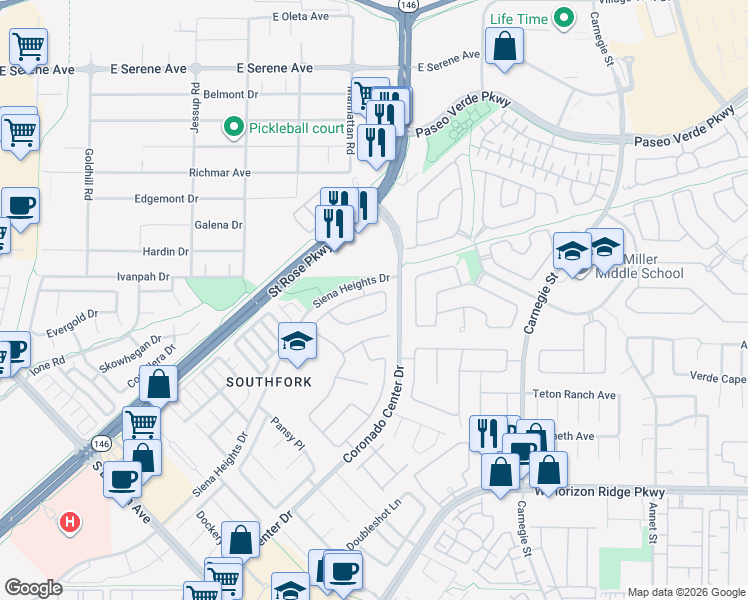map of restaurants, bars, coffee shops, grocery stores, and more near 690 Vineland Avenue in Henderson