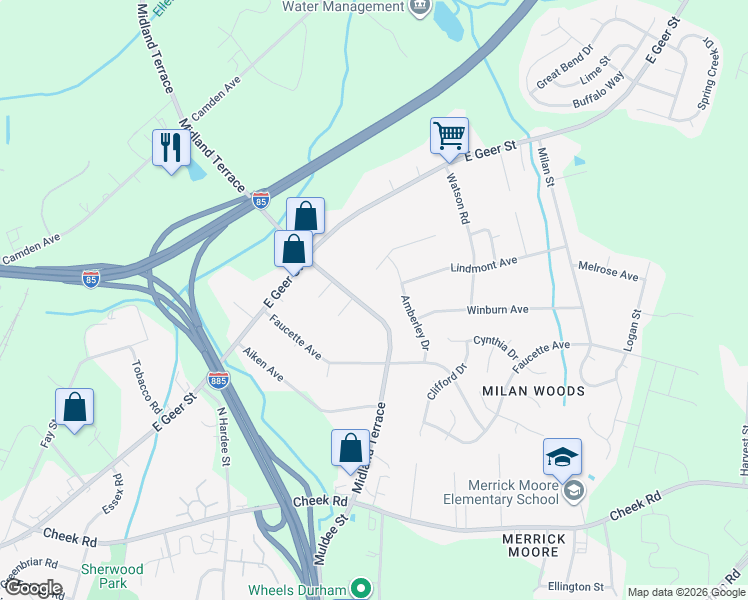 map of restaurants, bars, coffee shops, grocery stores, and more near 1121 Midland Terrace in Durham