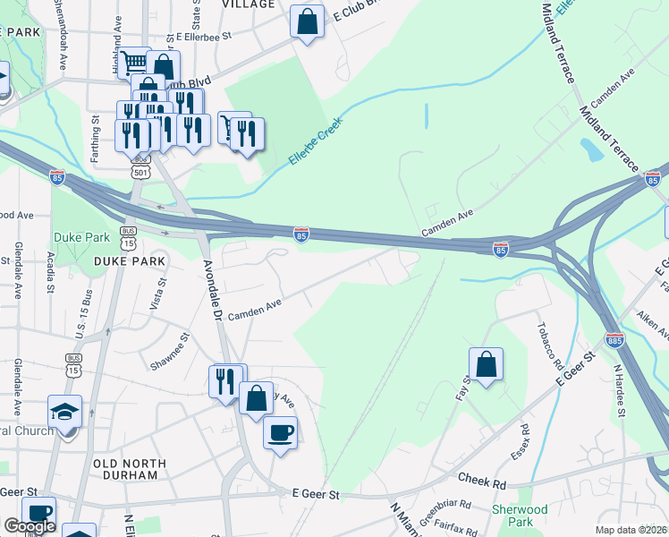 map of restaurants, bars, coffee shops, grocery stores, and more near 1204 Camden Avenue in Durham
