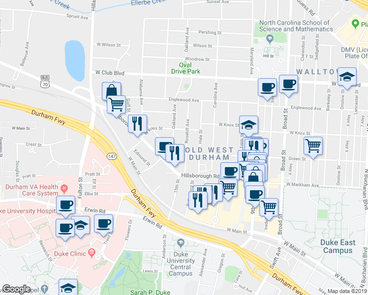 map of restaurants, bars, coffee shops, grocery stores, and more near 2505 Green Street in Durham