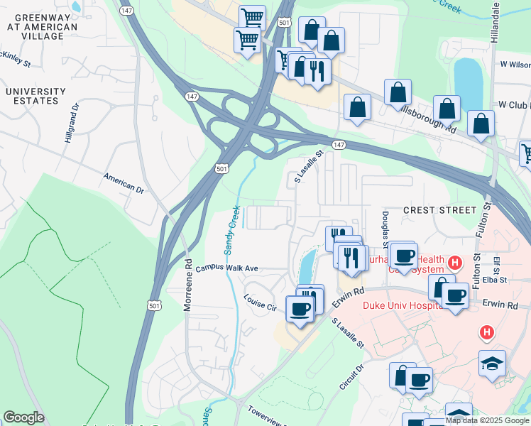 map of restaurants, bars, coffee shops, grocery stores, and more near 500 South Lasalle Street in Durham