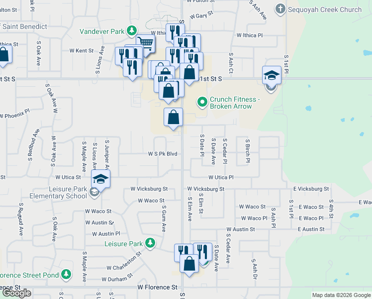 map of restaurants, bars, coffee shops, grocery stores, and more near 701 West South Park Boulevard in Broken Arrow