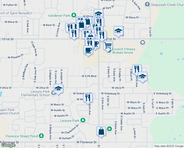 map of restaurants, bars, coffee shops, grocery stores, and more near 713 West South Park Boulevard in Broken Arrow