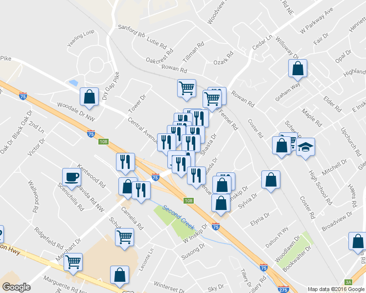 map of restaurants, bars, coffee shops, grocery stores, and more near 105 Cedar Lane in Knoxville
