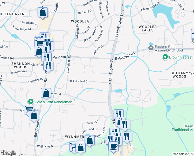 map of restaurants, bars, coffee shops, grocery stores, and more near 106 West Lakefield Drive in Greensboro