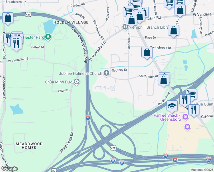 map of restaurants, bars, coffee shops, grocery stores, and more near 9-21 Covington Circle in Greensboro
