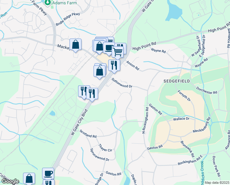 map of restaurants, bars, coffee shops, grocery stores, and more near 5803 Lincoln Oaks Court in Greensboro