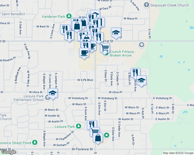 map of restaurants, bars, coffee shops, grocery stores, and more near 701 West South Park Boulevard in Broken Arrow
