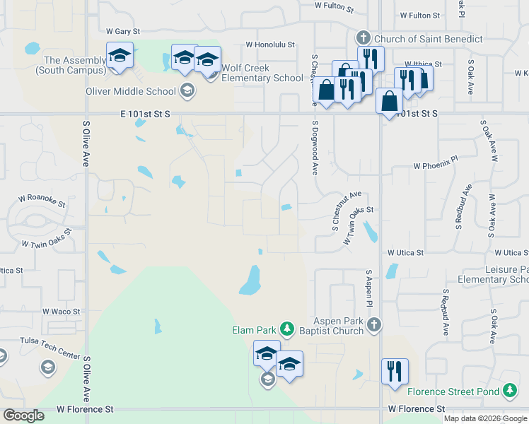 map of restaurants, bars, coffee shops, grocery stores, and more near 3813 South Elder Boulevard in Broken Arrow