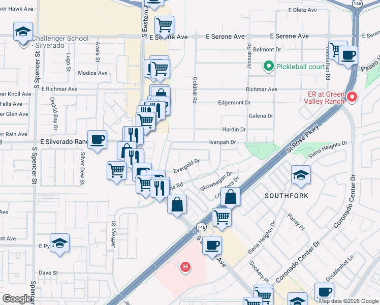 map of restaurants, bars, coffee shops, grocery stores, and more near 2897 Sunlit Glade Avenue in Henderson