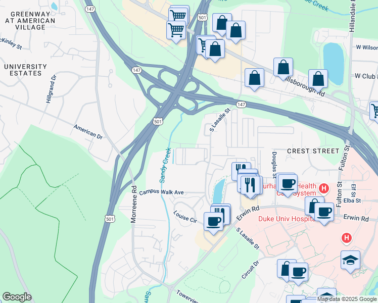 map of restaurants, bars, coffee shops, grocery stores, and more near 520 South Lasalle Street in Durham