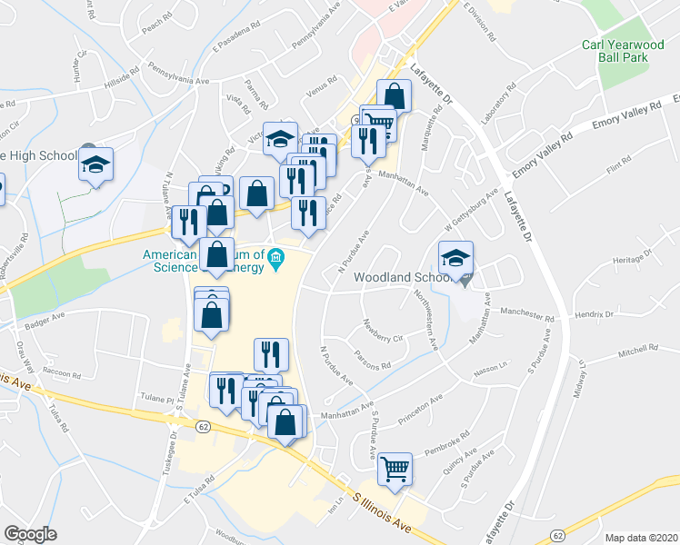 map of restaurants, bars, coffee shops, grocery stores, and more near 214 North Purdue Avenue in Oak Ridge