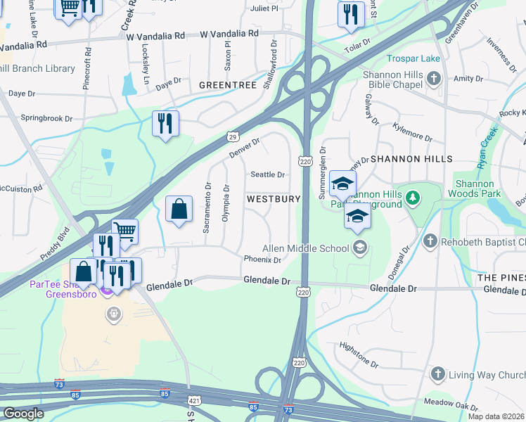 map of restaurants, bars, coffee shops, grocery stores, and more near 4303 Santa Fe Trail in Greensboro