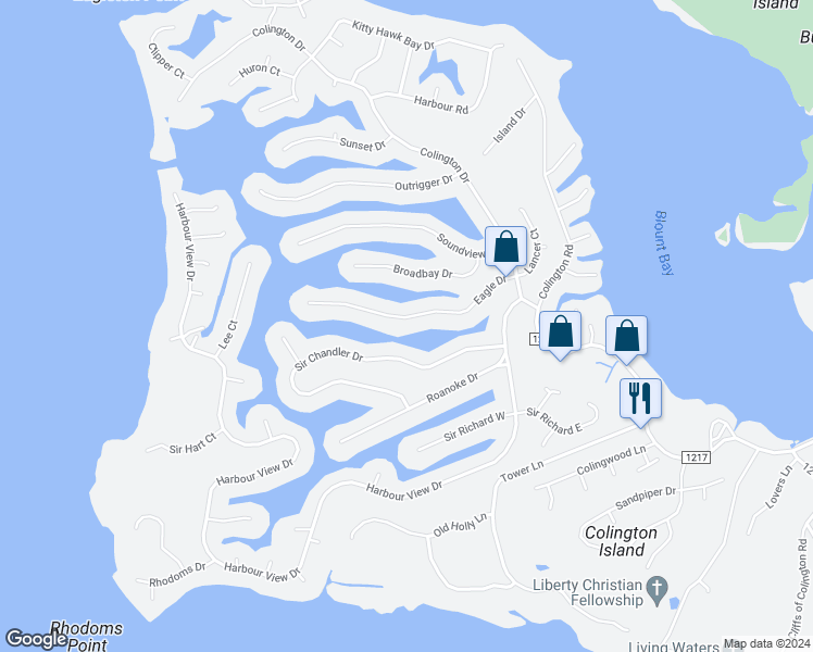 map of restaurants, bars, coffee shops, grocery stores, and more near 200-202 Sir Chandler Drive in Kill Devil Hills