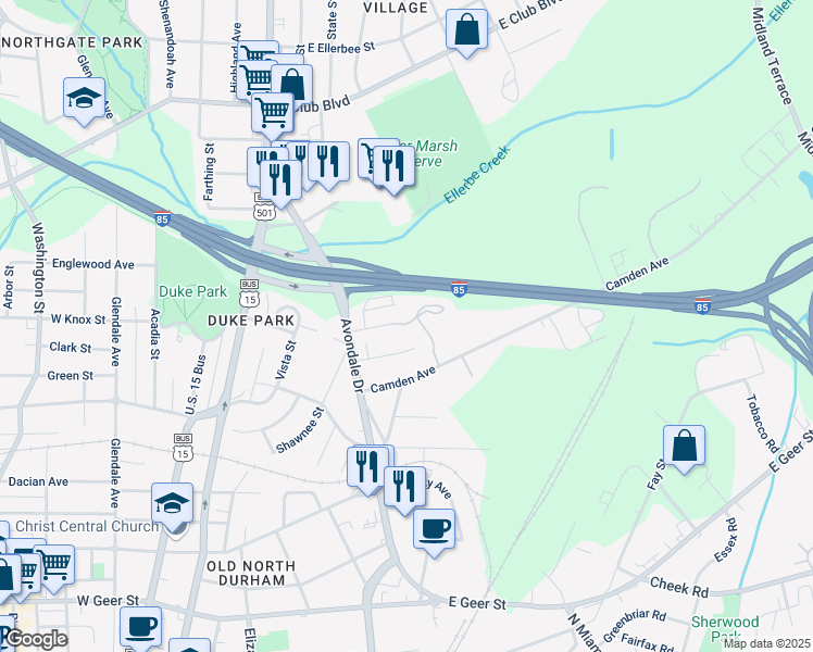 map of restaurants, bars, coffee shops, grocery stores, and more near 819 Nancy Street in Durham