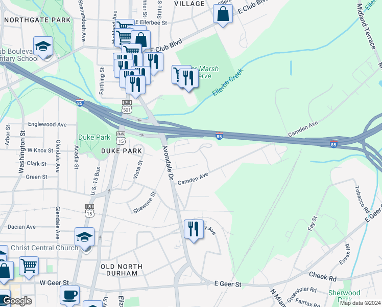 map of restaurants, bars, coffee shops, grocery stores, and more near 819 Nancy Street in Durham