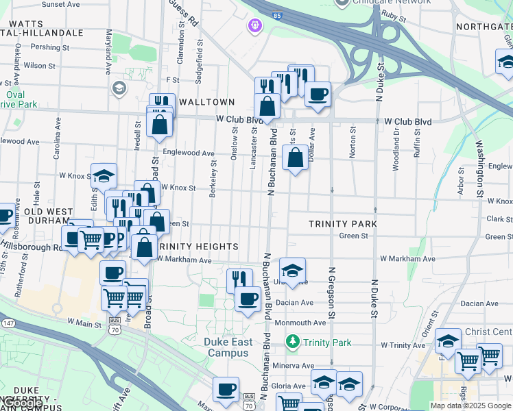 map of restaurants, bars, coffee shops, grocery stores, and more near 905 Lancaster Street in Durham