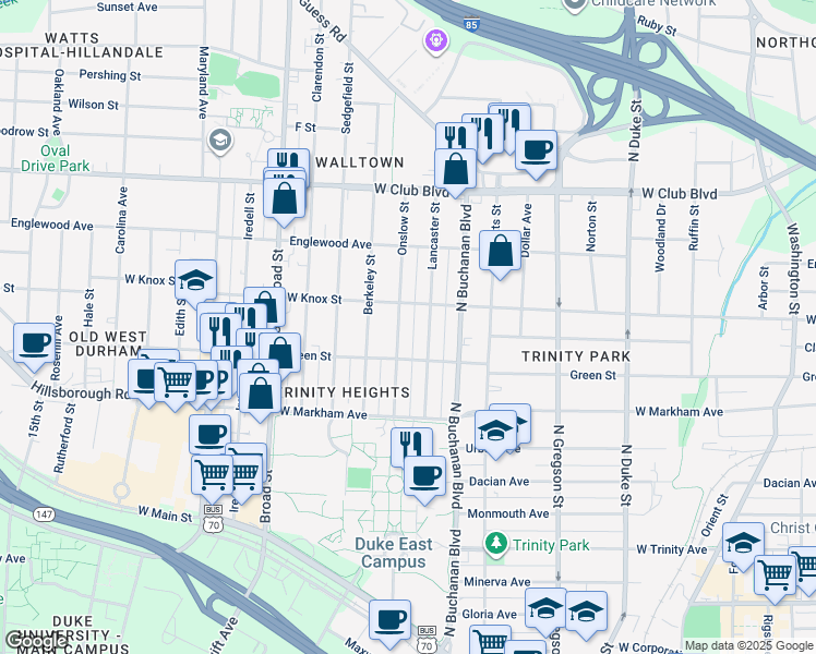 map of restaurants, bars, coffee shops, grocery stores, and more near 905 Lancaster Street in Durham