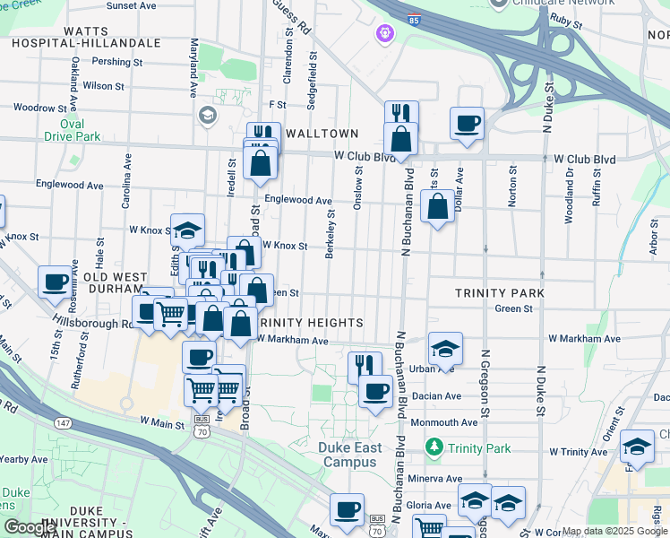 map of restaurants, bars, coffee shops, grocery stores, and more near 905 Onslow Street in Durham