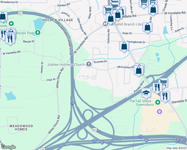 map of restaurants, bars, coffee shops, grocery stores, and more near 9-21 Covington Circle in Greensboro