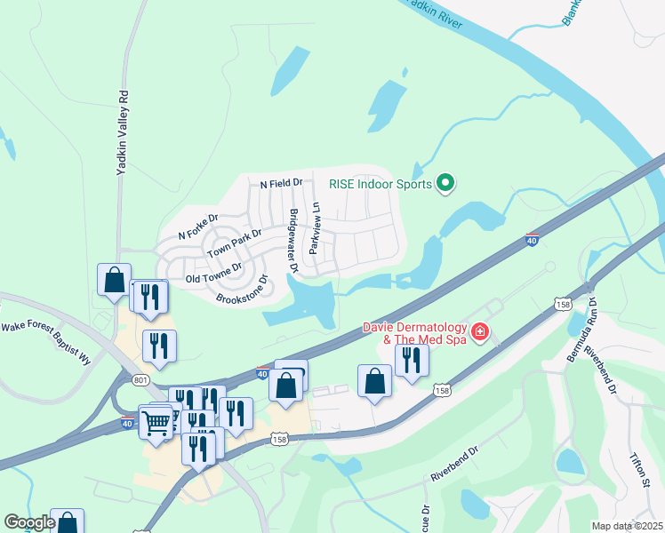 map of restaurants, bars, coffee shops, grocery stores, and more near 106 Bridgewater Drive in Advance