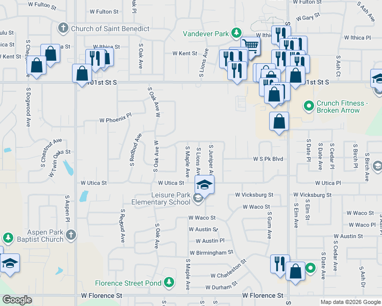 map of restaurants, bars, coffee shops, grocery stores, and more near 4100 South Lions Avenue in Broken Arrow