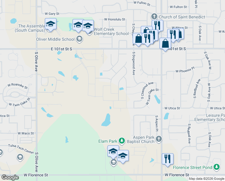 map of restaurants, bars, coffee shops, grocery stores, and more near 3813 South Elder Boulevard in Broken Arrow