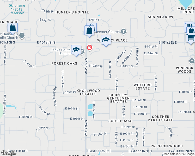 map of restaurants, bars, coffee shops, grocery stores, and more near 5009 East 104th Place in Tulsa