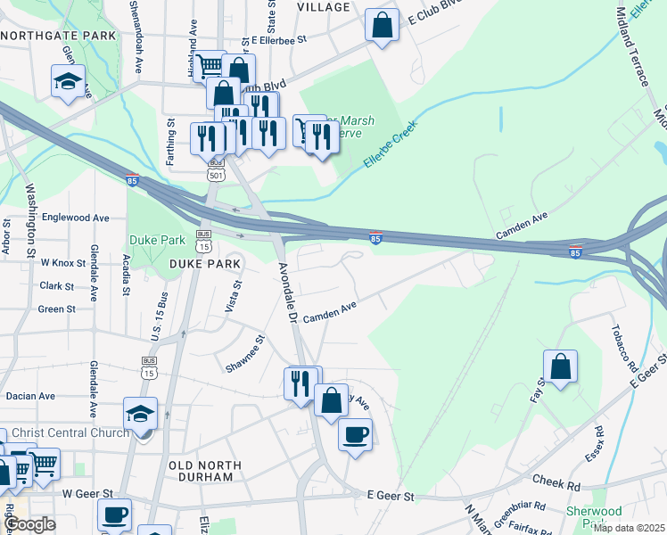 map of restaurants, bars, coffee shops, grocery stores, and more near 819 Nancy Street in Durham