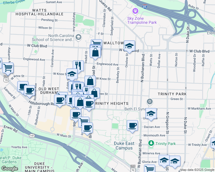 map of restaurants, bars, coffee shops, grocery stores, and more near 913 Sedgefield Street in Durham