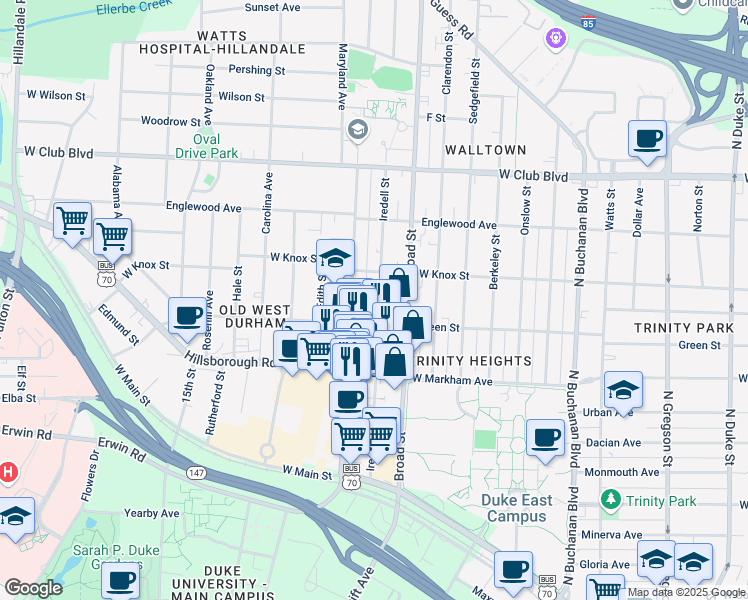 map of restaurants, bars, coffee shops, grocery stores, and more near 911 Iredell Street in Durham