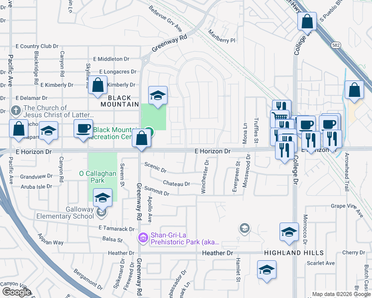 map of restaurants, bars, coffee shops, grocery stores, and more near 419 East Horizon Drive in Henderson