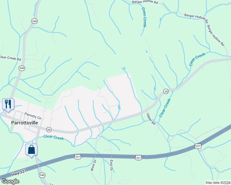 map of restaurants, bars, coffee shops, grocery stores, and more near Splendor Way in Parrottsville