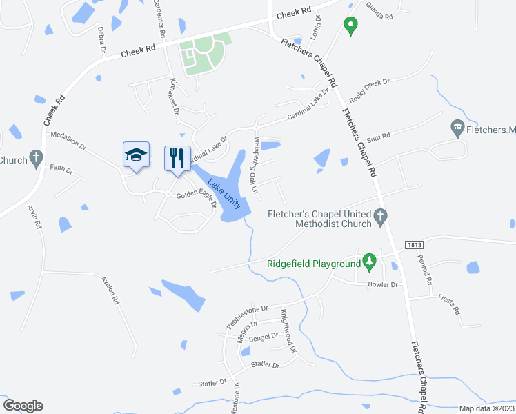 map of restaurants, bars, coffee shops, grocery stores, and more near 1101 Whispering Oak Lane in Durham