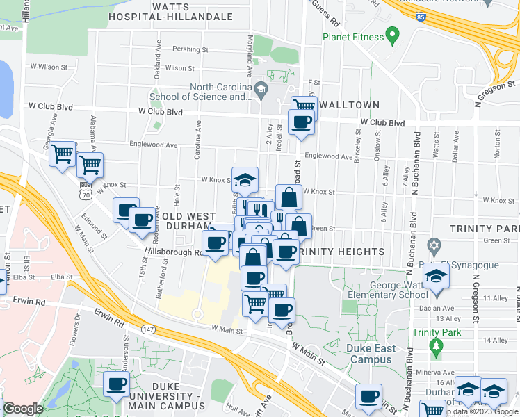 map of restaurants, bars, coffee shops, grocery stores, and more near 910 9th Street in Durham