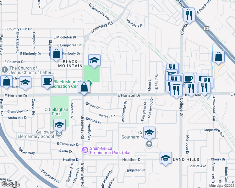 map of restaurants, bars, coffee shops, grocery stores, and more near 425 East Horizon Drive in Henderson