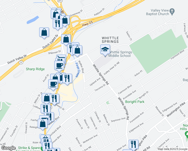 map of restaurants, bars, coffee shops, grocery stores, and more near 2507 Underwood Place in Knoxville