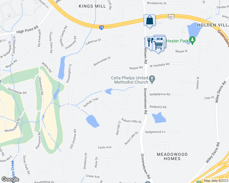 map of restaurants, bars, coffee shops, grocery stores, and more near 4210 Berwyn Court in Greensboro