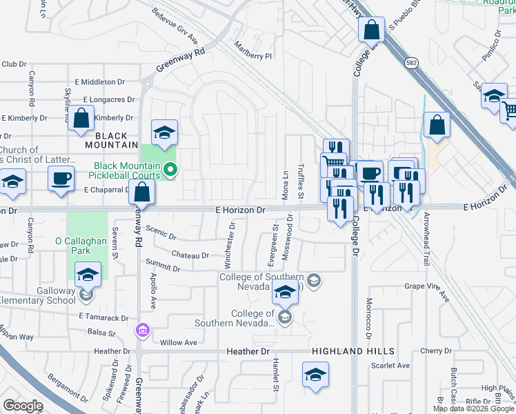 map of restaurants, bars, coffee shops, grocery stores, and more near 529 East Horizon Drive in Henderson