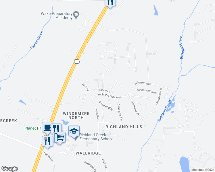 map of restaurants, bars, coffee shops, grocery stores, and more near 1433 Montonia Street in Wake Forest
