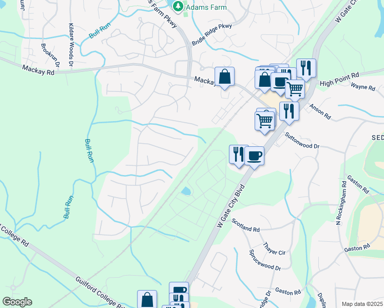 map of restaurants, bars, coffee shops, grocery stores, and more near 5309 Whitley Way in Greensboro
