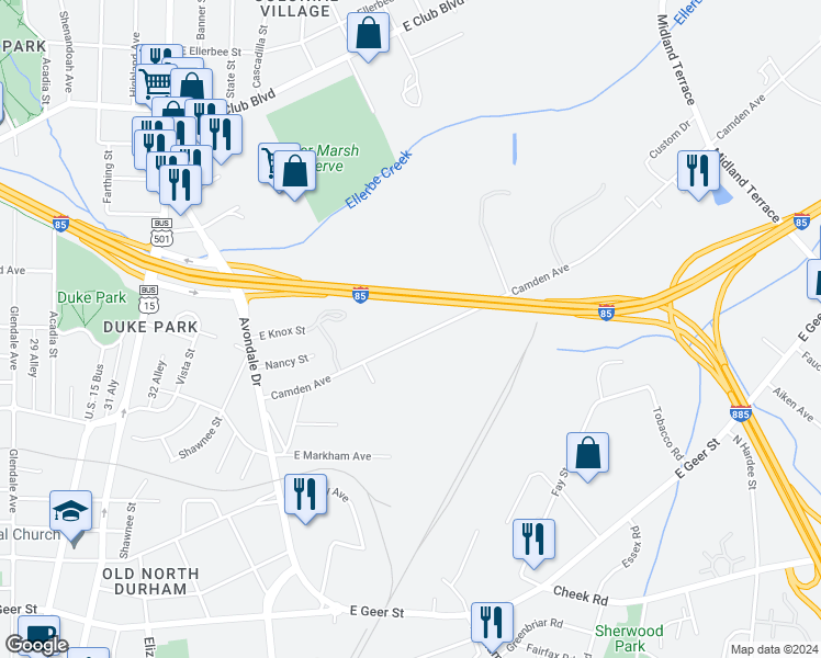 map of restaurants, bars, coffee shops, grocery stores, and more near 1207 Camden Avenue in Durham
