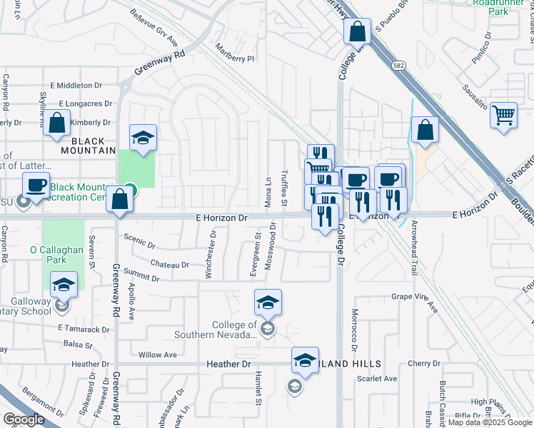 map of restaurants, bars, coffee shops, grocery stores, and more near 599 Mona Lane in Henderson