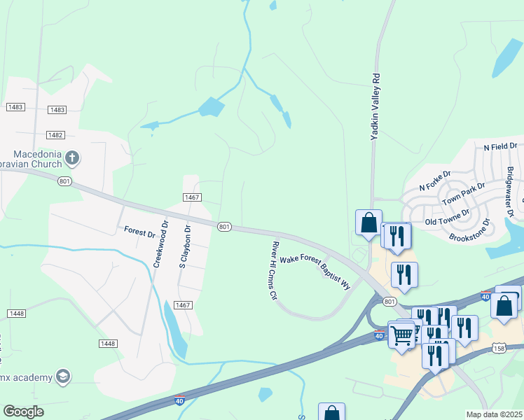 map of restaurants, bars, coffee shops, grocery stores, and more near North Carolina 801 in Advance