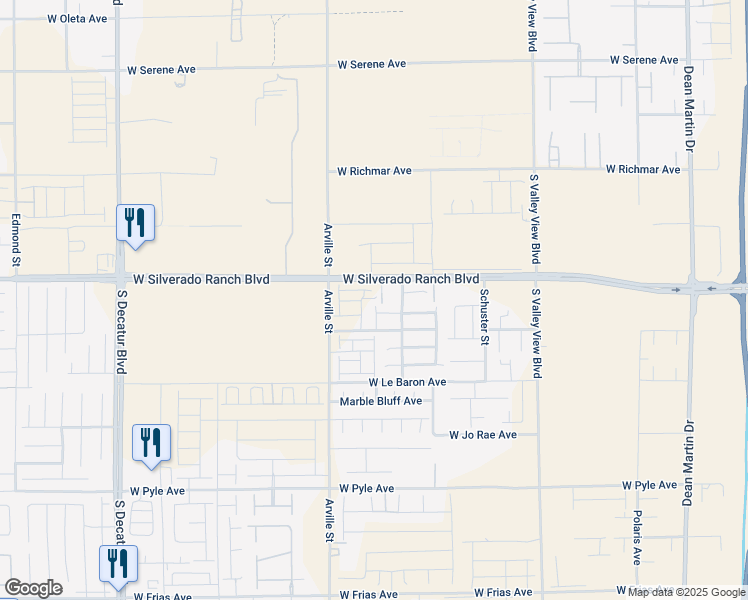 map of restaurants, bars, coffee shops, grocery stores, and more near 4245 West Silverado Ranch Boulevard in Las Vegas